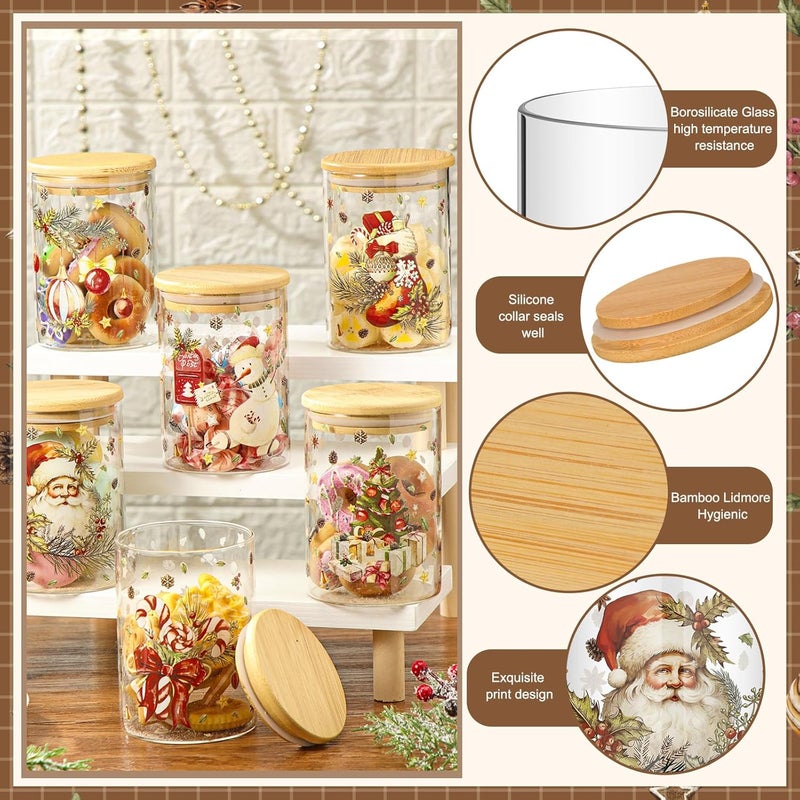 Shellwei 6 Pcs Retro Christmas Glass Storage Jar with Airtight Bamboo Lid Santa Claus Canister Sets Christmas Tree Snowman Cookie Candy Storage 19oz for Kitchen Containers Countertop Decoration - Image 4
